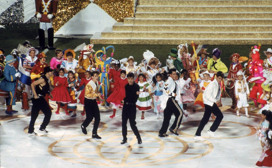New Kids On The Block perform during the Super Bowl XXV.