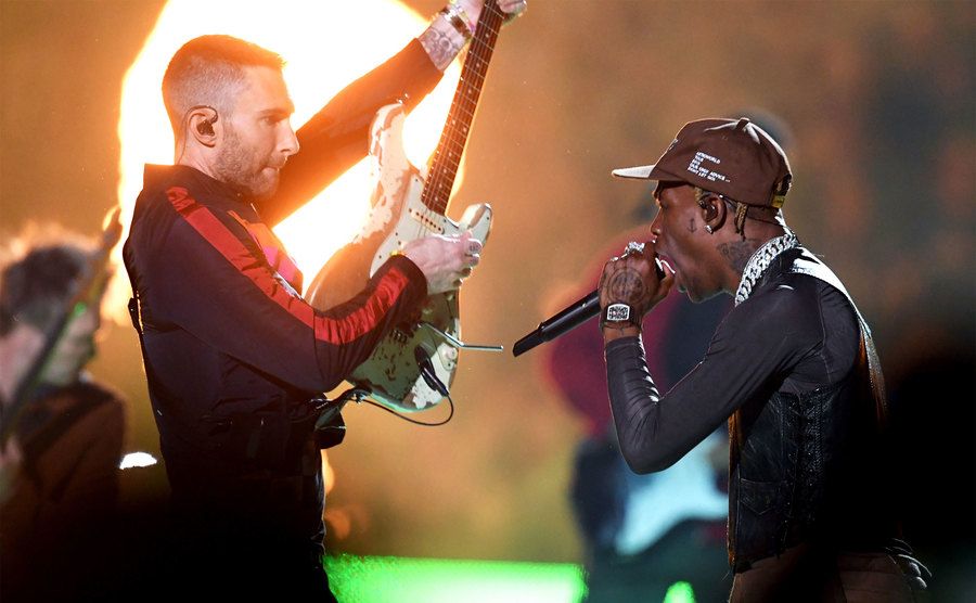 Adam Levine and Travis Scott perform during the Pepsi Super Bowl LIII Halftime Show