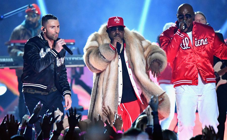 Adam Levine of Maroon 5, Big Boi, and Sleepy Brown perform during the Pepsi Super Bowl LIII