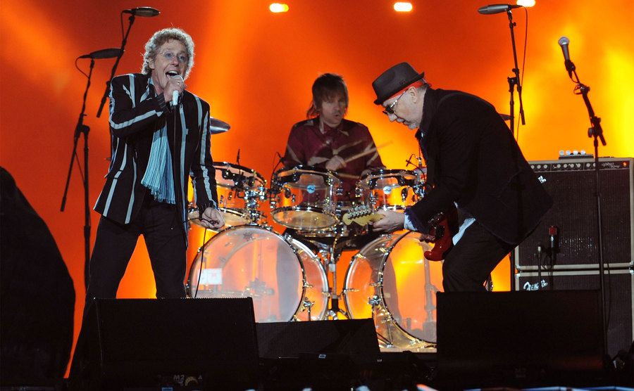 Roger Daltrey, Zak Starkey, and Pete Townshend perform during the Super Bowl XLIV.