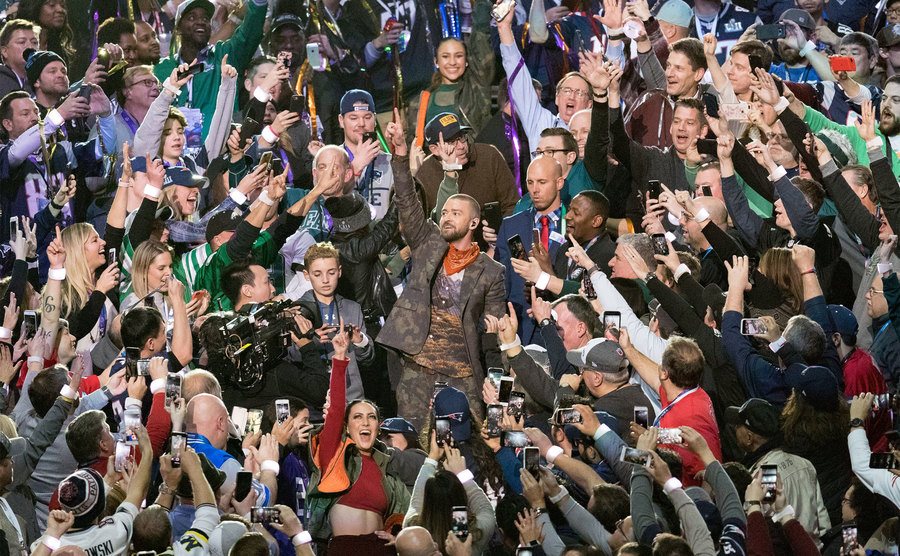 Justin Timberlake is surrounded by fans during the Pepsi Super Bowl LII Halftime Show.