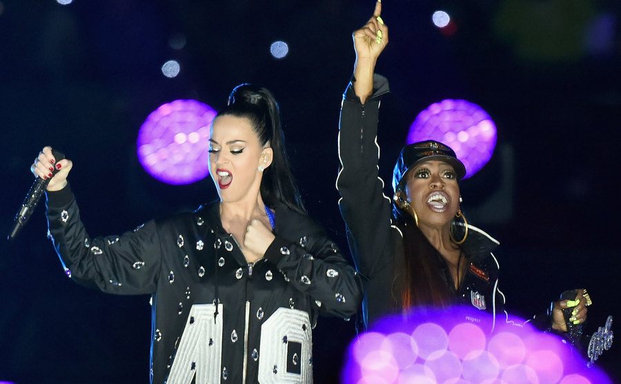 Katy Perry and Missy Elliott perform onstage during the Pepsi Super Bowl XLIX Halftime Show.