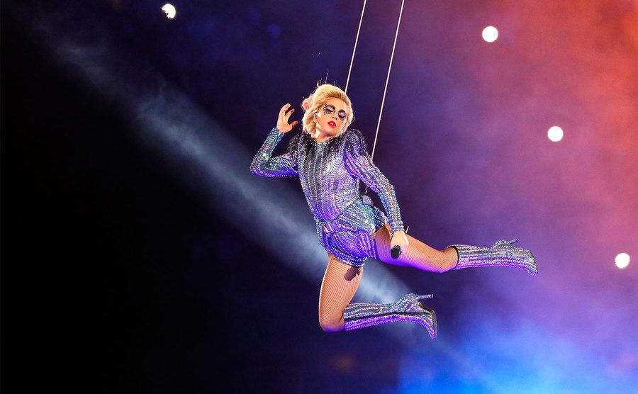 Lady Gaga descents into the stadium during the Super Bowl 51 Halftime Show.