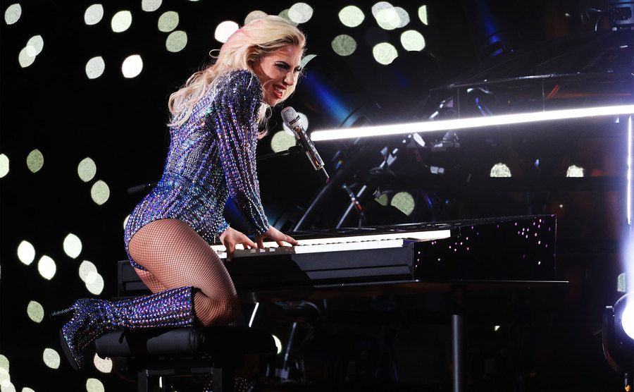 Lady Gaga performs at her piano during the Super Bowl 51 Halftime Show.