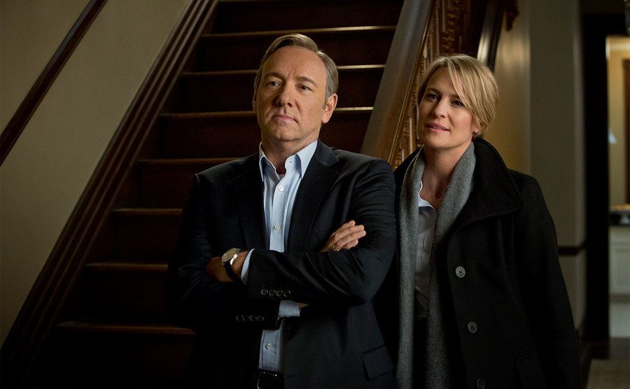 Kevin Spacey and Robin Wright, as Frank and Claire Underwood, in their home in a still from the show.