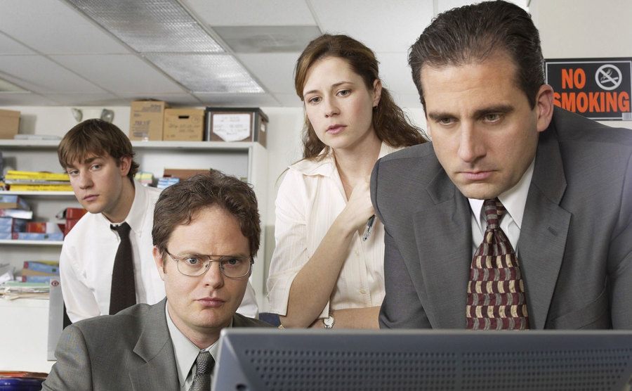 John Krasinski, Rainn Wilson, Jenna Fischer, and Steve Carell in a still from The Office.