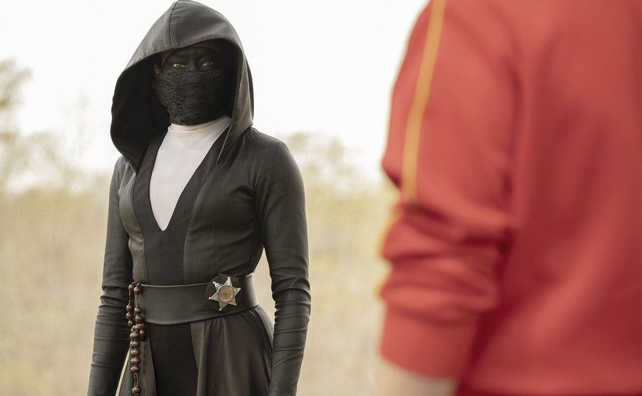 Regina King, as Sister Night, in a still from Watchmen.