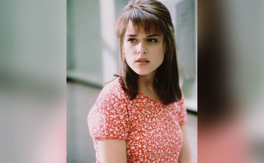 Neve Campbell, as Sidney Prescott, in a still from Scream.