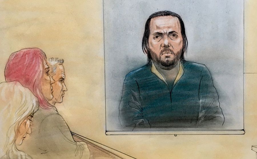 A sketch illustration of Adam in court.