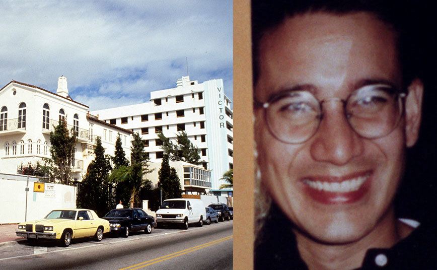 An exterior shot of Gianni Versace house in Miami / A photo of Andrew Cunanan.