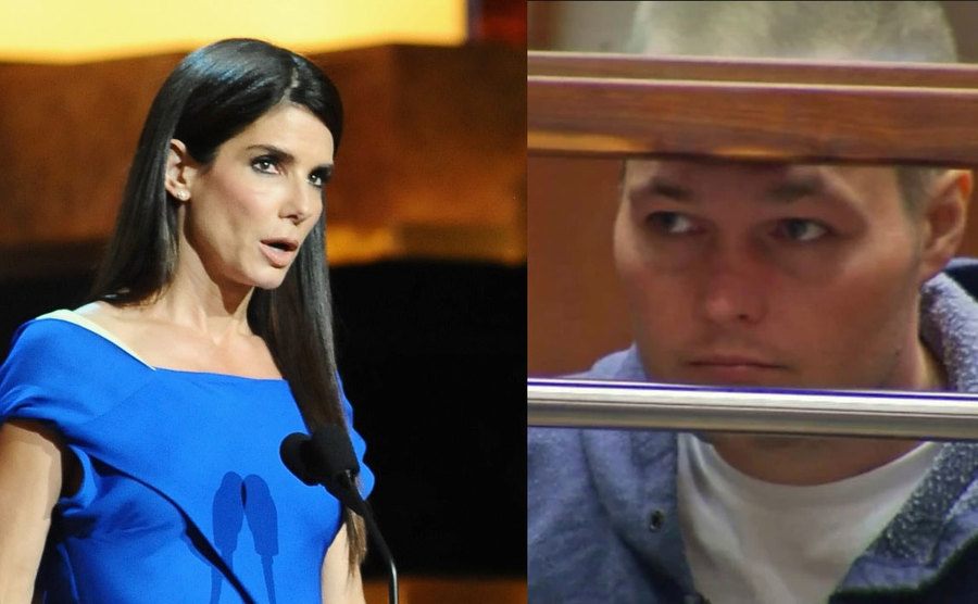 Sandra Bullock speaks on stage / A photo of Joshua Corbett in court.