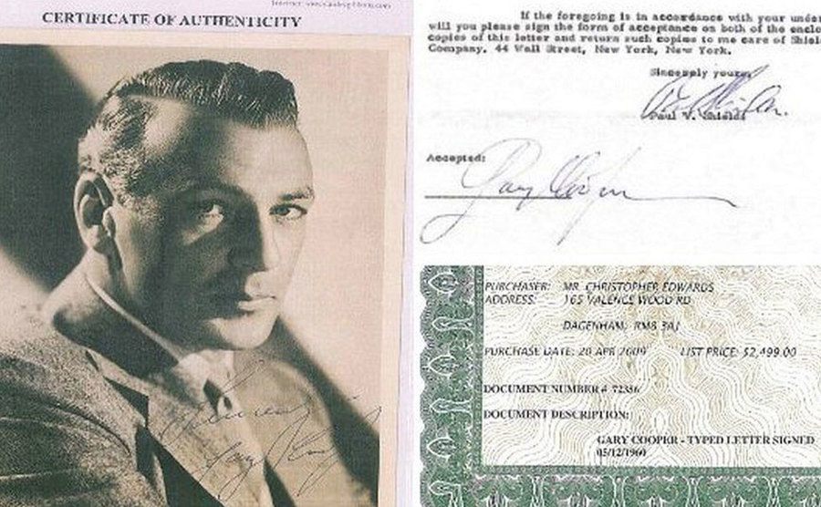 A photograph of Gary Cooper with an authenticity certification.