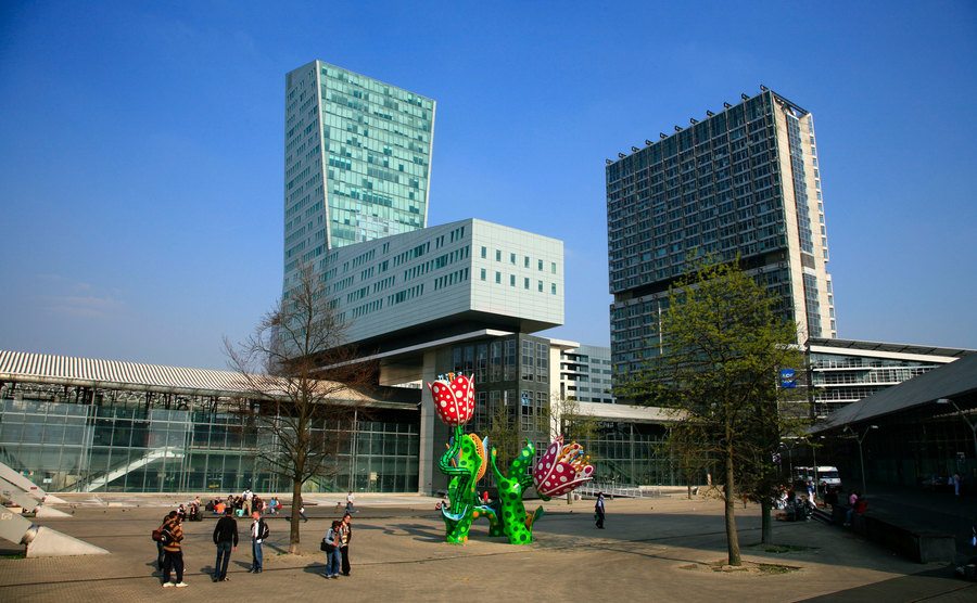 An exterior shot of an area beside the train station in Lille, France.