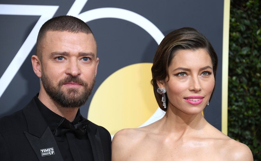 Justin Timberlake and Jessica Biel attend The Golden Globe Awards.