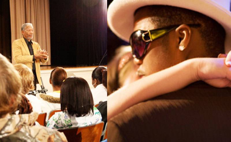 Morgan Freeman talks to students in school / A Mississippi prom couple.