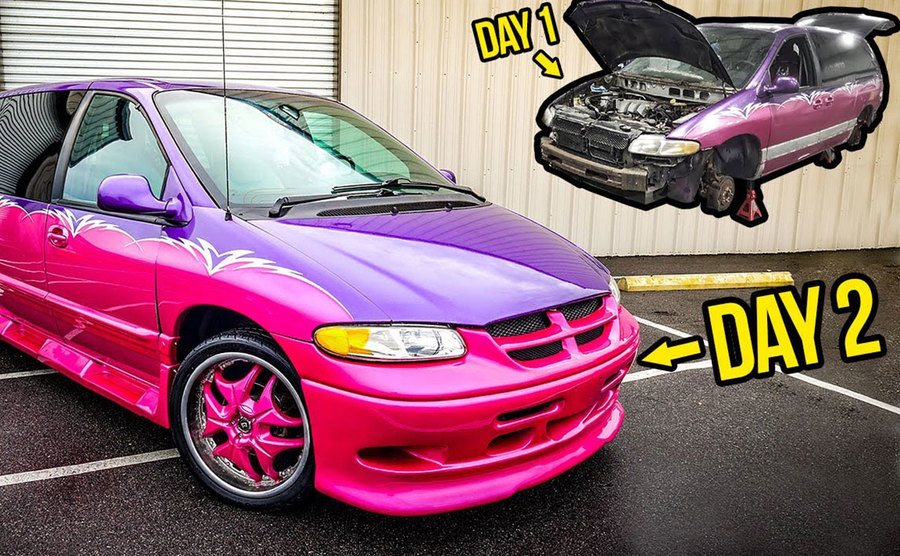 A before and after photo of a pimped car.