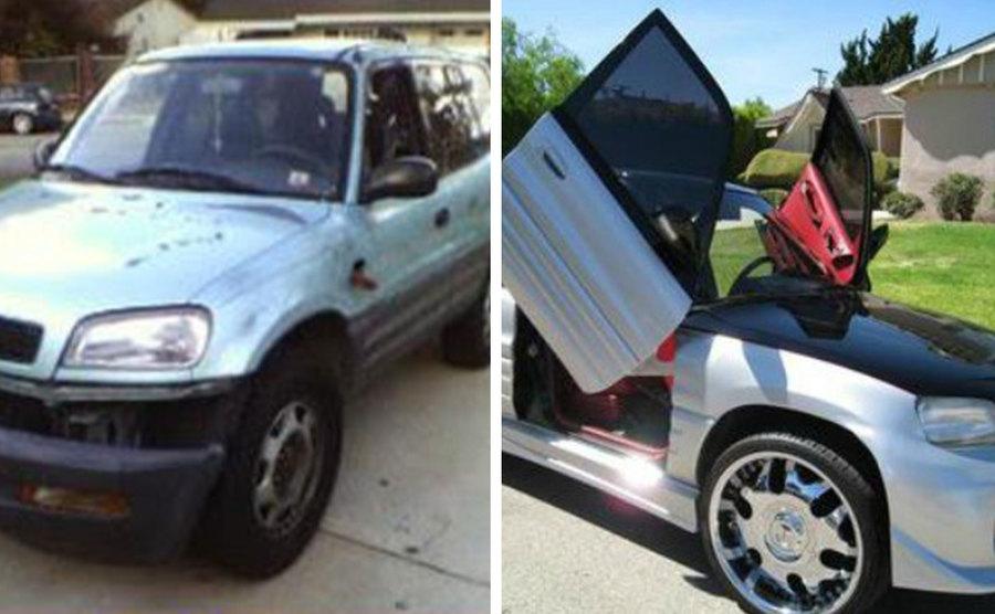 Justin’s car before the show / Justin’s car after pimp my ride.
