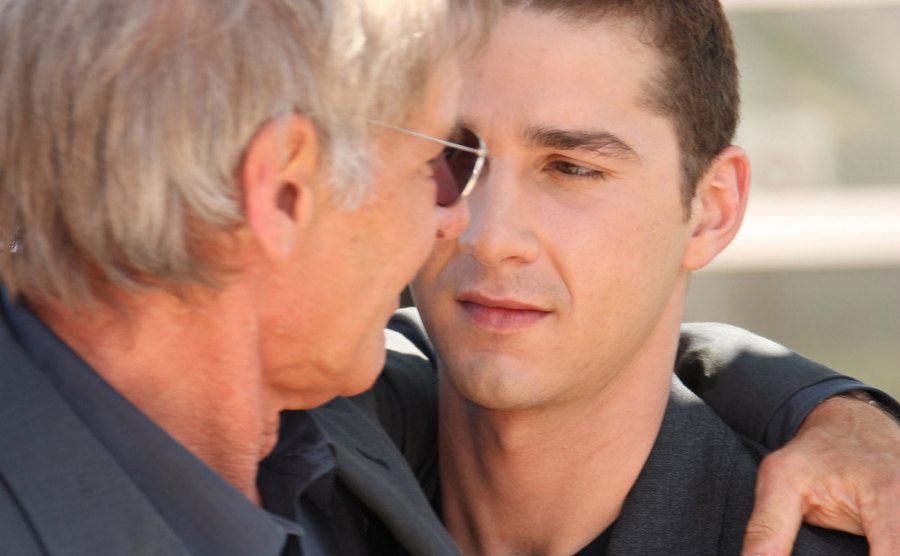Harrison Ford gets nice and close to Shia LaBeouf. 