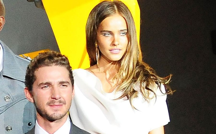Isabel Lucas and Shia LaBeouf pose during a press event. 