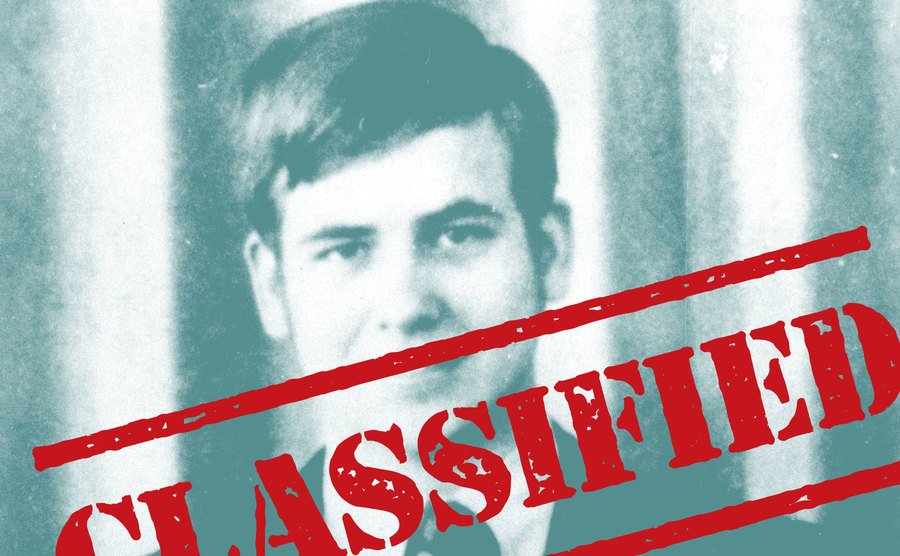 An image of a classified stamp over a picture of Theodore John Conrad.