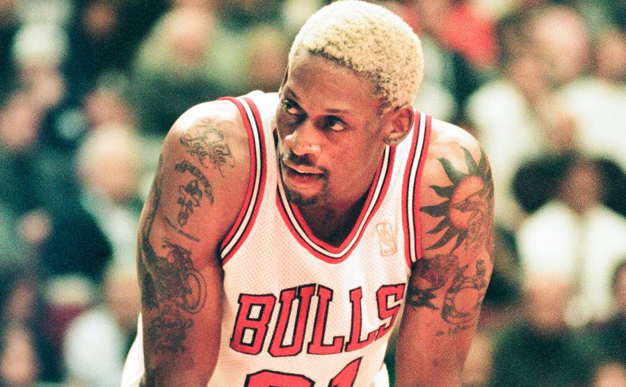 An image of Rodman playing for the Bulls.