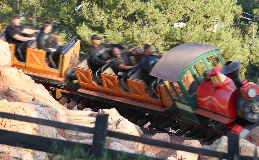 A photo of Big Thunder Mountain Railroad in movement.