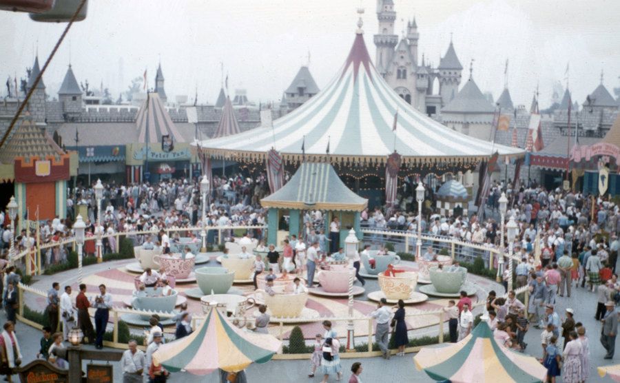 A dated picture of Disneyland Park during the opening day.