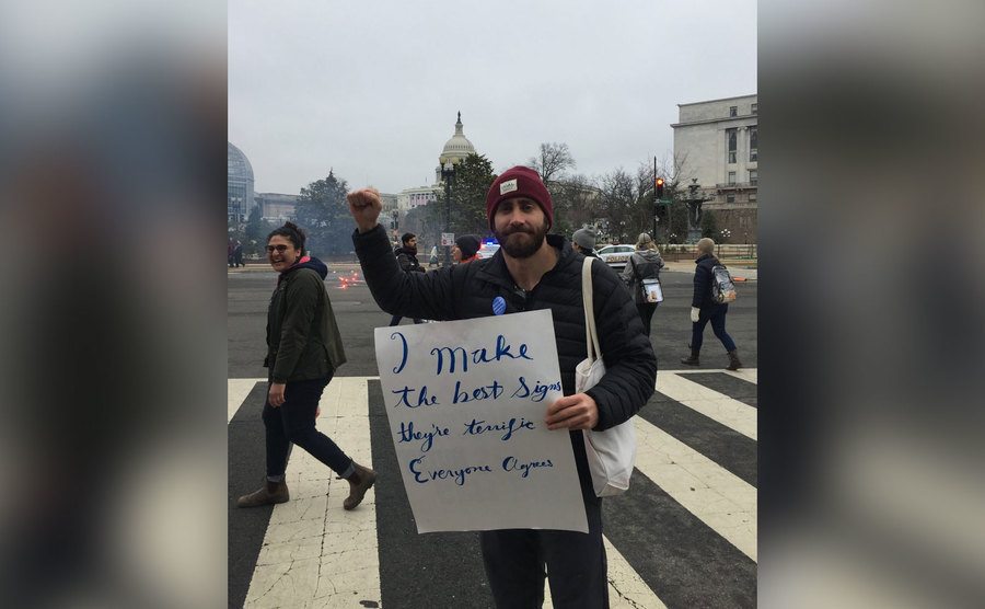 Jake Gyllenhaal takes part in a women’s march