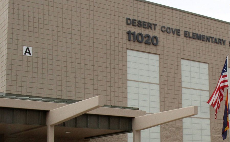 An exterior shot of the entrance to the school.