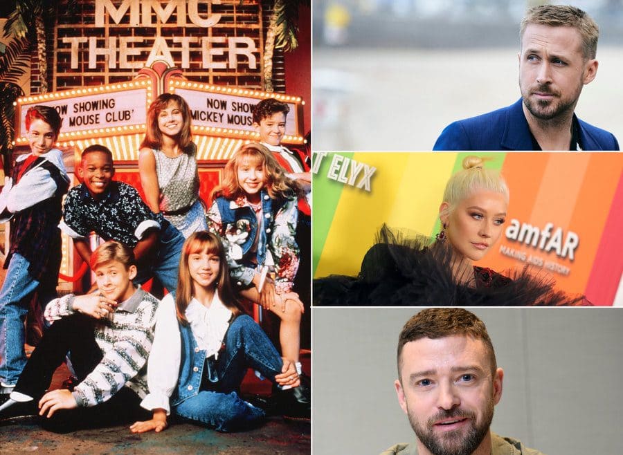 The Mickey Mouse Club with Justin Timberlake, Britney Spears, Christina Aguilera, and Ryan Gosling. / Ryan Gosling at an event in 2018. / Christina Aguilera at an event in 2019. / Justin Timberlake at an event in 2020. 