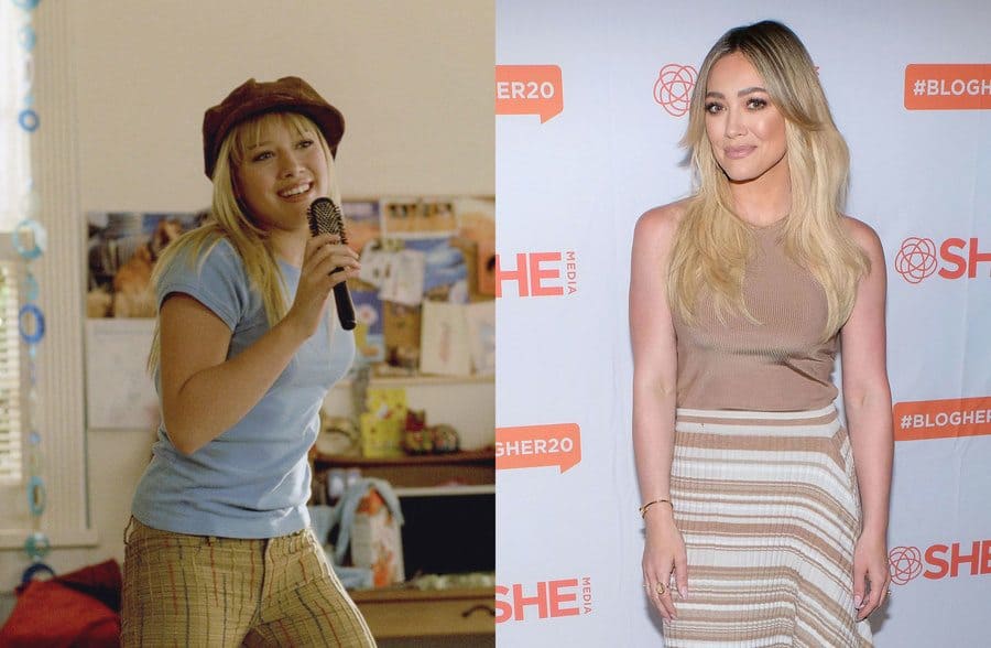 Hilary Duff is singing into her hairbrush in a scene from the Lizzie McGuire Movie in 2003. / Hilary Duff on the red carpet at an event in 2020. 