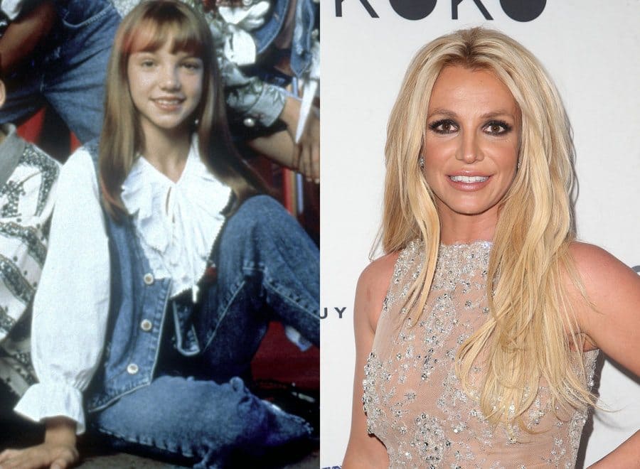 Britney Spears in the Mickey Mouse Club in a denim outfit with a white frilly shirt. / Britney Spears at the Hollywood Beauty Awards in 2018. 