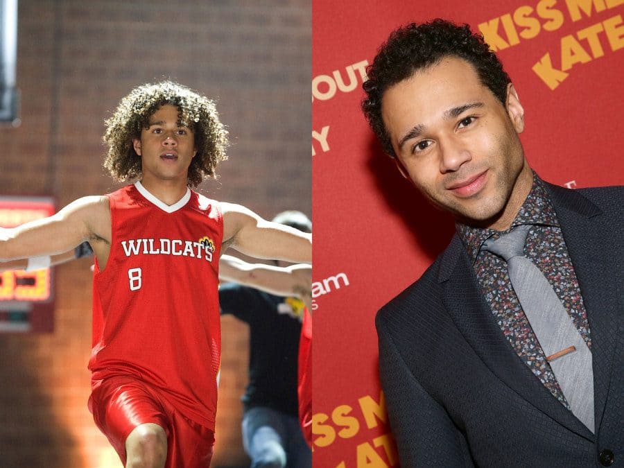 Corbin Bleu dancing in his Wildcats jersey from High School Musical 3. / Corbin Bleu at the Kiss Me, Kate Broadway Play opening night in 2019. 