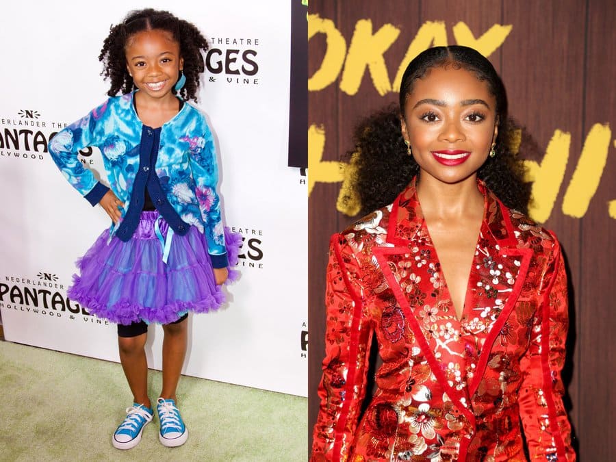 Skai Jackson at the opening night of Shrek the Musical. / Skai Jackson at a premiere in 2020.