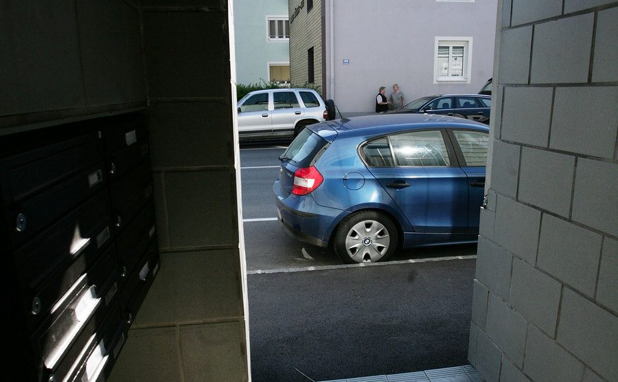 A view out of the doorway of the house.