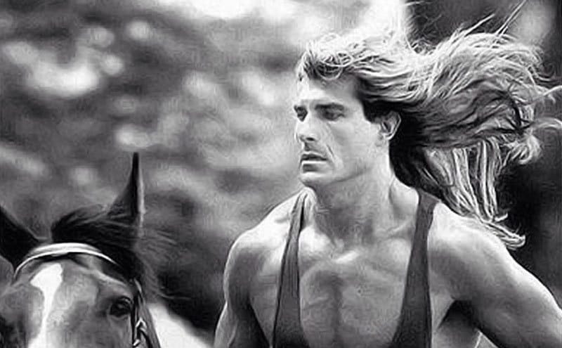 A dated promotional portrait of Fabio riding a horse.