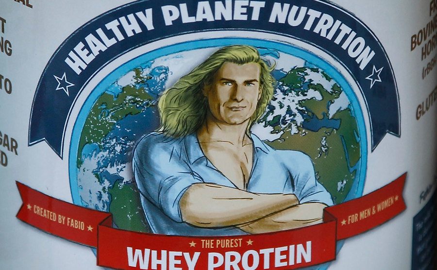 Fabio appears in a sticker from a Healthy Planet Nutrition product.