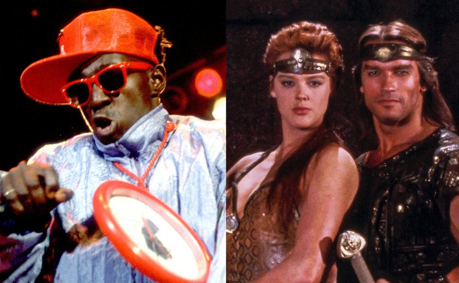 An image of Flavor Flav performing on stage / A promotional shot of Nielsen for Red Sonja.