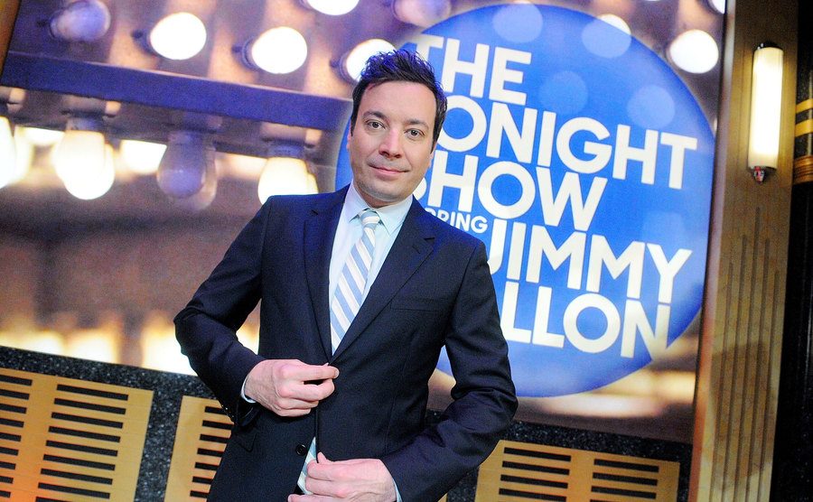 Jimmy Fallon poses during a presentation.