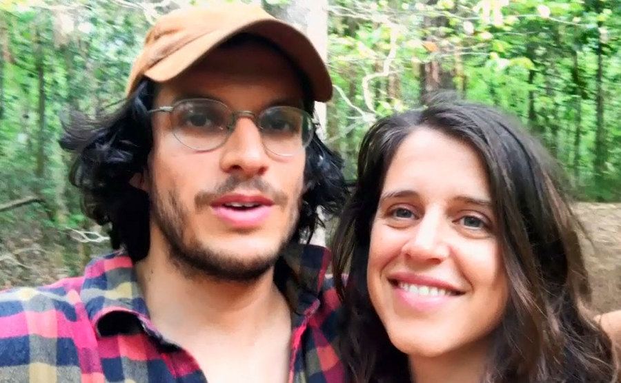 A selfie of Bennett and Amelia during a hike.