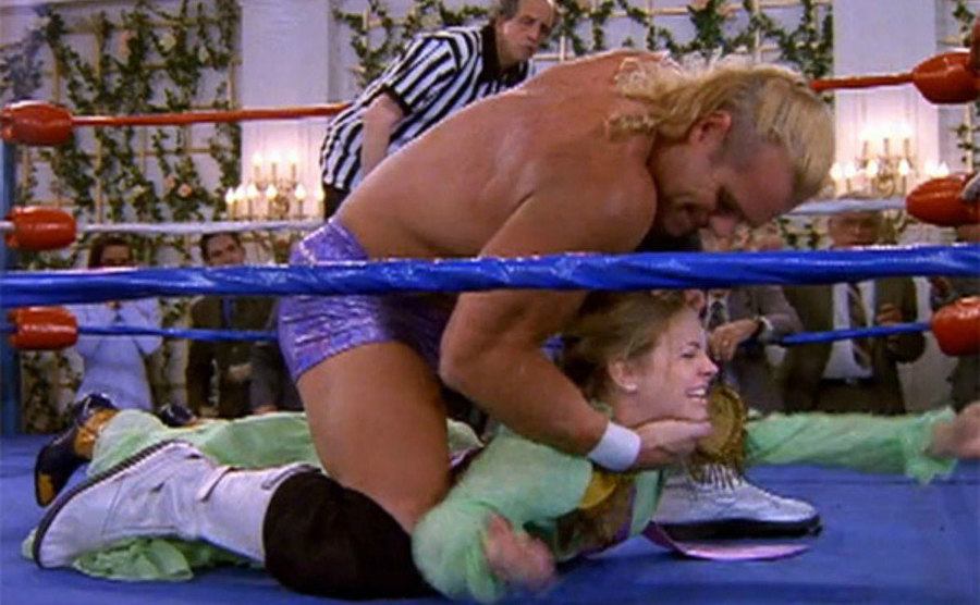 Hart, as Sabrina, is getting crushes in the wrestling ring.