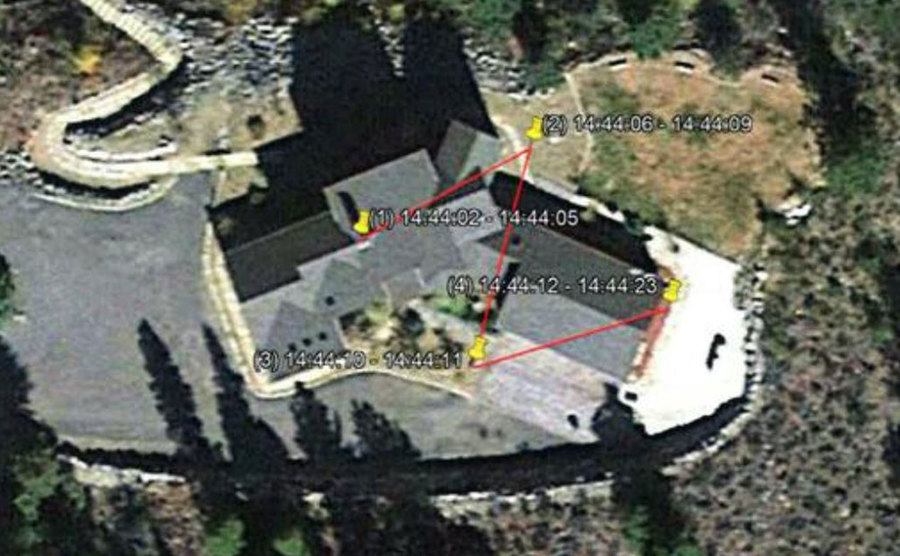 A satellite view of Barry’s phone pinging all around the house.