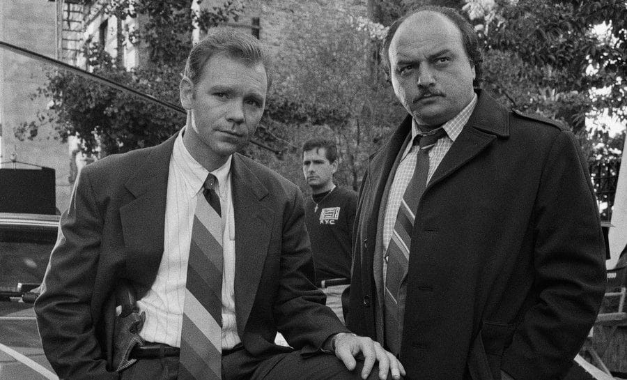 Dennis Franz and David Caruso pose in character on the set of NYPD Blue.