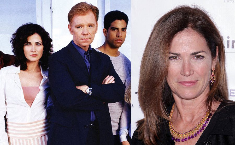 Delaney and Caruso pose with their co-stars in a promotional portrait for CSI: Miami / Kim Delaney attends an event.