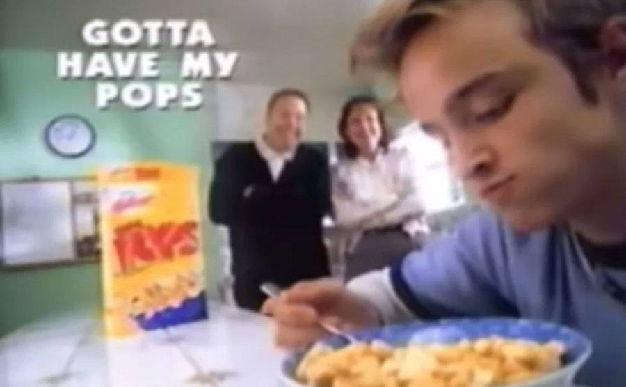 Aaron Paul is having a bowl of Corn Pops.