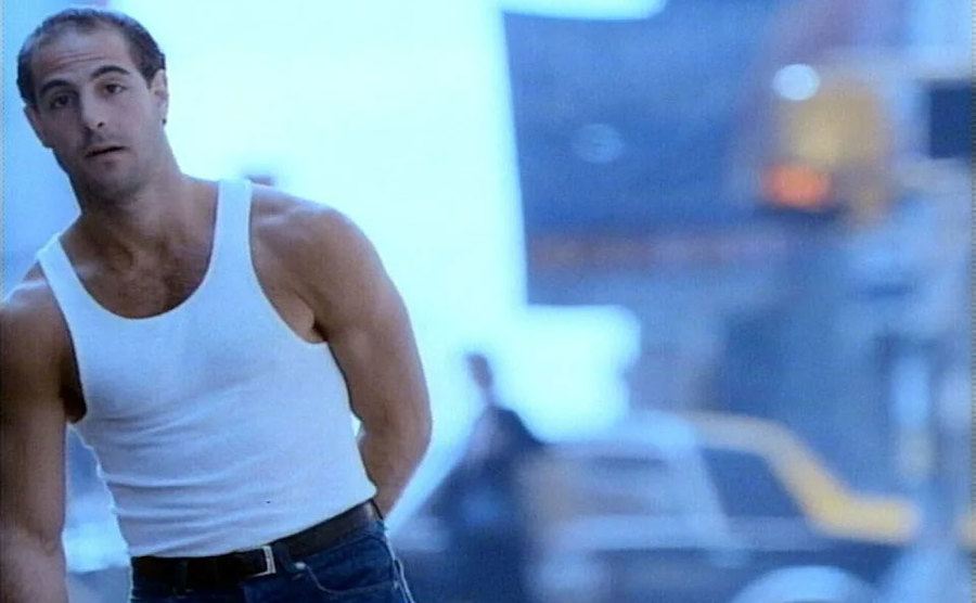 Stanley Tucci walks down the street in his Levi’s jeans.