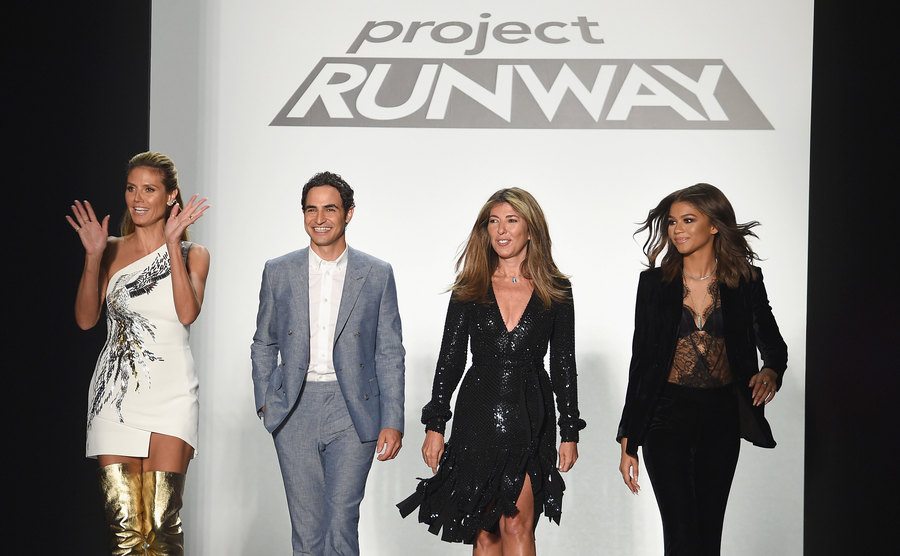 Heidi Klum, Zac Posen, Nina Garcia, and Zendaya greet the audience at the Project Runway fashion show.