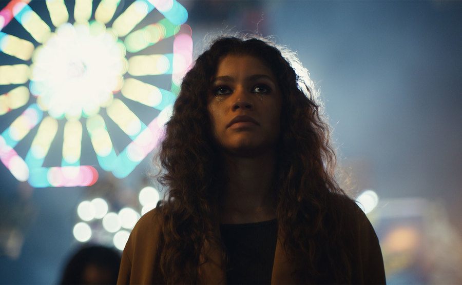 Zendaya, as Rue Bennett, in a still from Euphoria,.