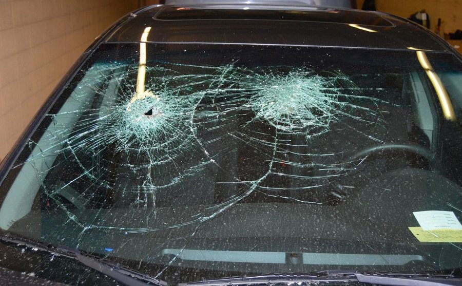 A photo of the windshield’s fractures in Todd’s car.