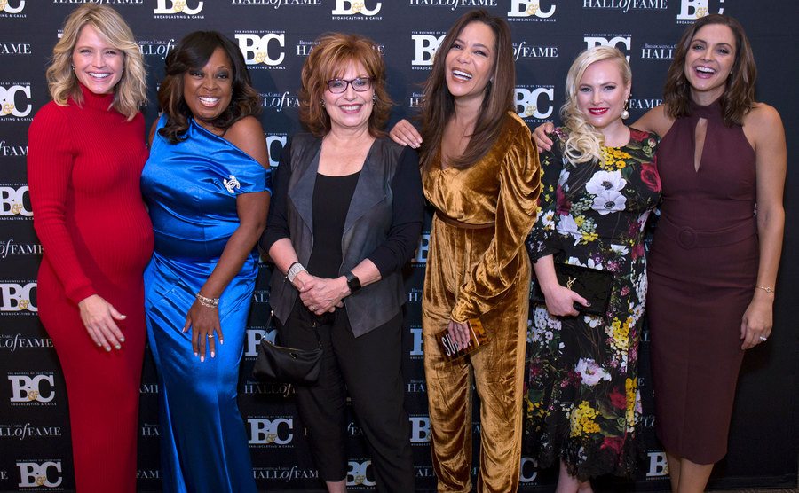 Sara Haines, Star Jones, Joy Behar, Sunny Hostin, Meghan McCain, and Michelle Collins pose for the press.